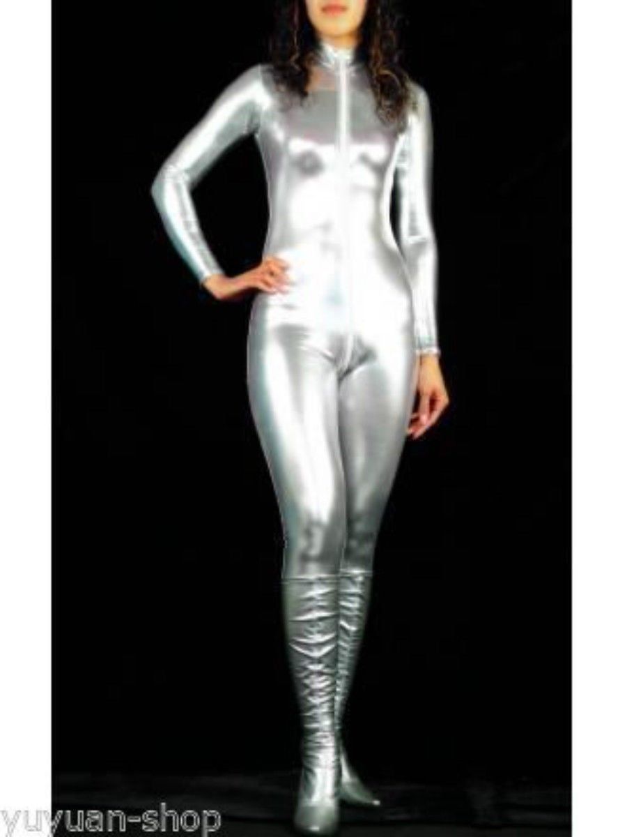 Wholesale-Details about Superior quality!! Metallic Lycra Zentai Spandex Catsuit Costume Front Zip