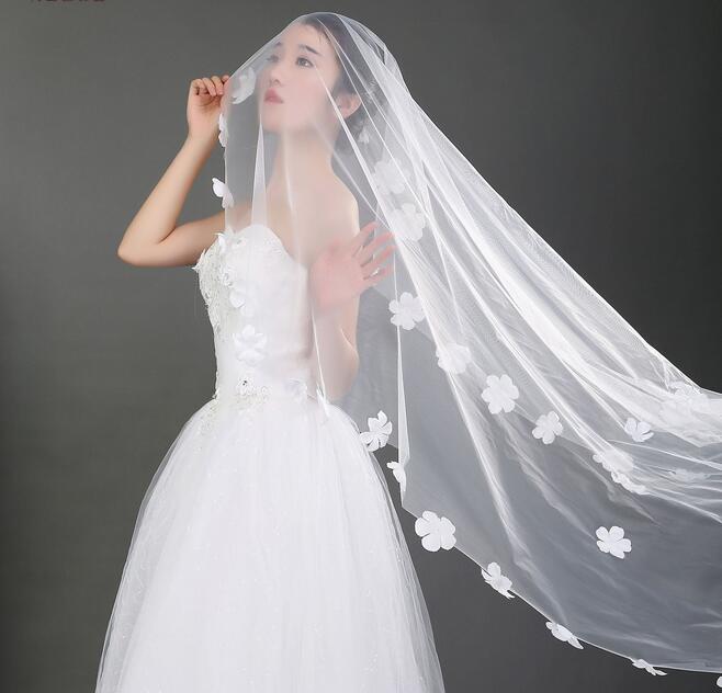 Bridal Veils Long Veils Soft Tulle Three Meters Long Veil with Lace Cathedral Veils White Ivory Veils HT73