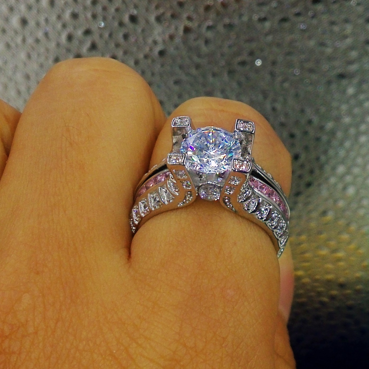 Retro 10K White Gold Filled Pink Sapphire Gem Engagement Ring Set | 5-10 US Sizes