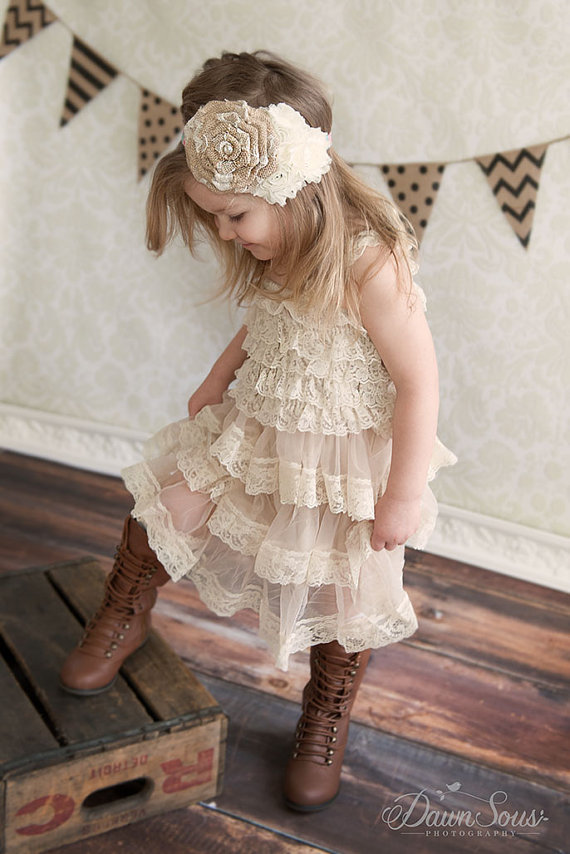 Rustic Flower Girl Dress Lace Pettidress Rustic Flower Girl Country Flower Girl Dress Cream/Wheat Cream/Country Wedding-Vintage Wedding