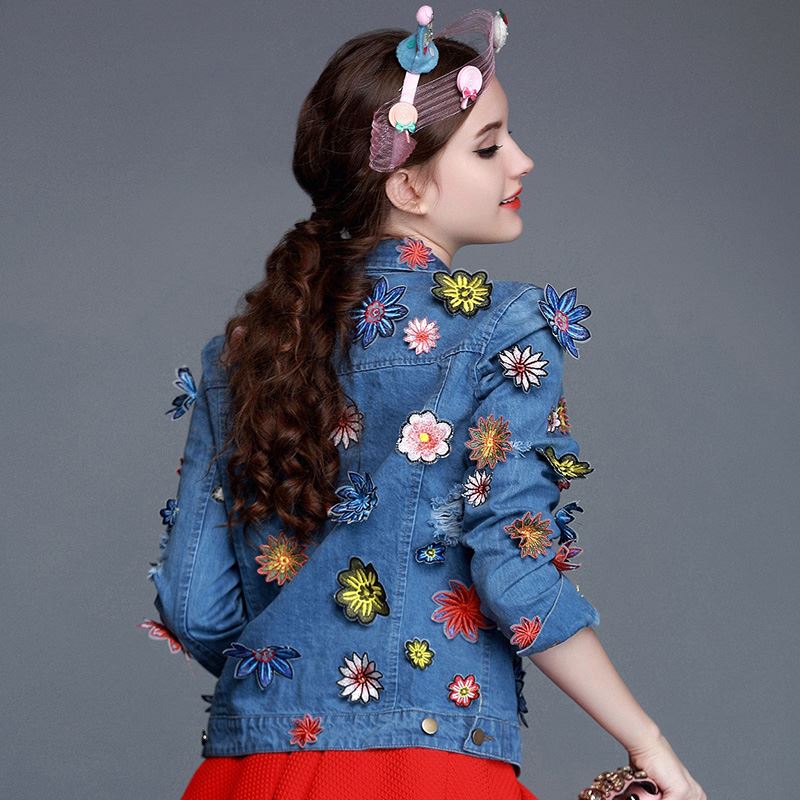 Europe station 2015 autumn new women's Heavy embroidered flowers affixed cloth blue denim jacket temperament wild