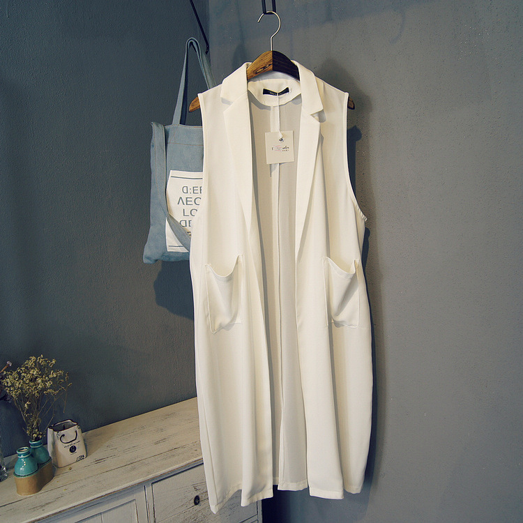 2015 new summer style women casual white black long outerwear vest Jacket sleeveless chiffon blazer Coat colete feminino FG1511