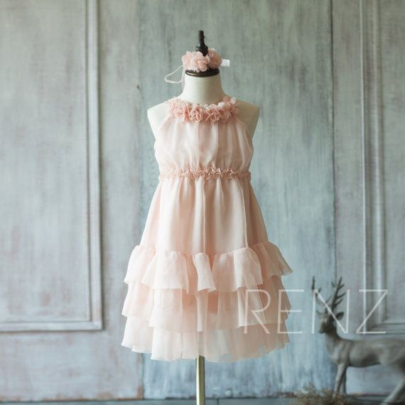2020 Blush Pink Junior Bridesmaid Dress, Ruffle Flower Girl Dress, Rosette dress, Floor length, Floral Headdress
