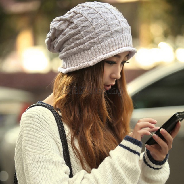 Winter White Ivory Thick Slouchy Knit Oversized Beanie Cap Hat Diamond Checked Weave Hats 4 Colors