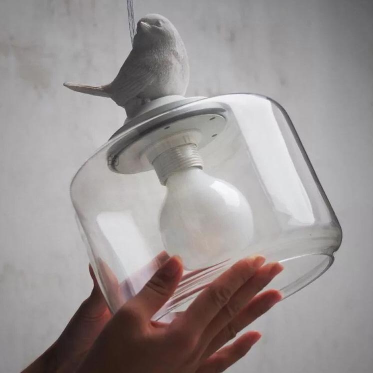 Glass Pendant Light For Kids Room Lamps Dia 20cm Stair Lampada Pendente Tiny Resin Bird Glass Shade Pendant Lamp