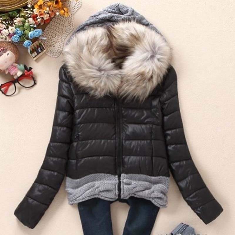 Wholesale- 1PC Winter Jacket Women Winter Coat Cotton Padded Short Jackets Knitted Hood Fur Collar Chaquetas Mujer Jaqueta Feminina Z005