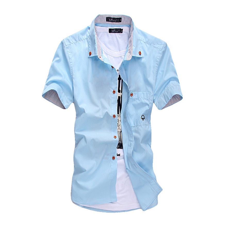 Wholesale-The new summer Style men's shirt style dress embroidered stripes hit color mushroom cultivating short-sleeved The Fashion Design