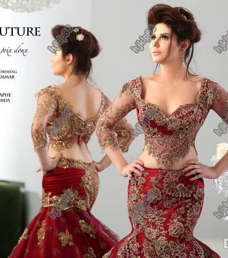 Red Lace Formal Mermaid Prom Dresses 2020 Arabic Jajja-Couture Embroidery V Neck Vestidos Evening Gowns With See Through 3/4 Long Sleeve