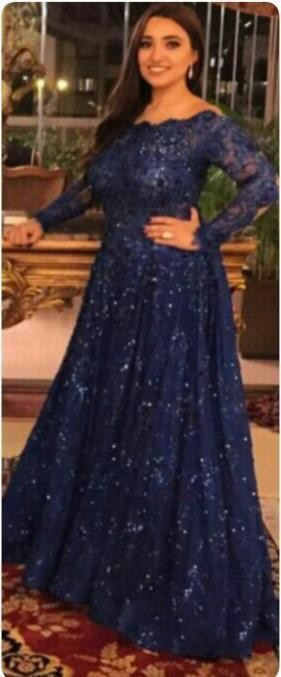 Sparkly Evening Dresses Bg Scoop Neck Long Sleeve Beaded Full Lace Sweep Train Arabic Navy Blue Plus Size Party Formal Prom Gowns