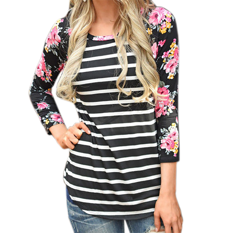 Female Autumn Striped Floral Printed T Shirts 2017 Women Casual Slim Fit T Shirt Femme Plus Size Tops T Shirt Flower Tee GV848 q171122