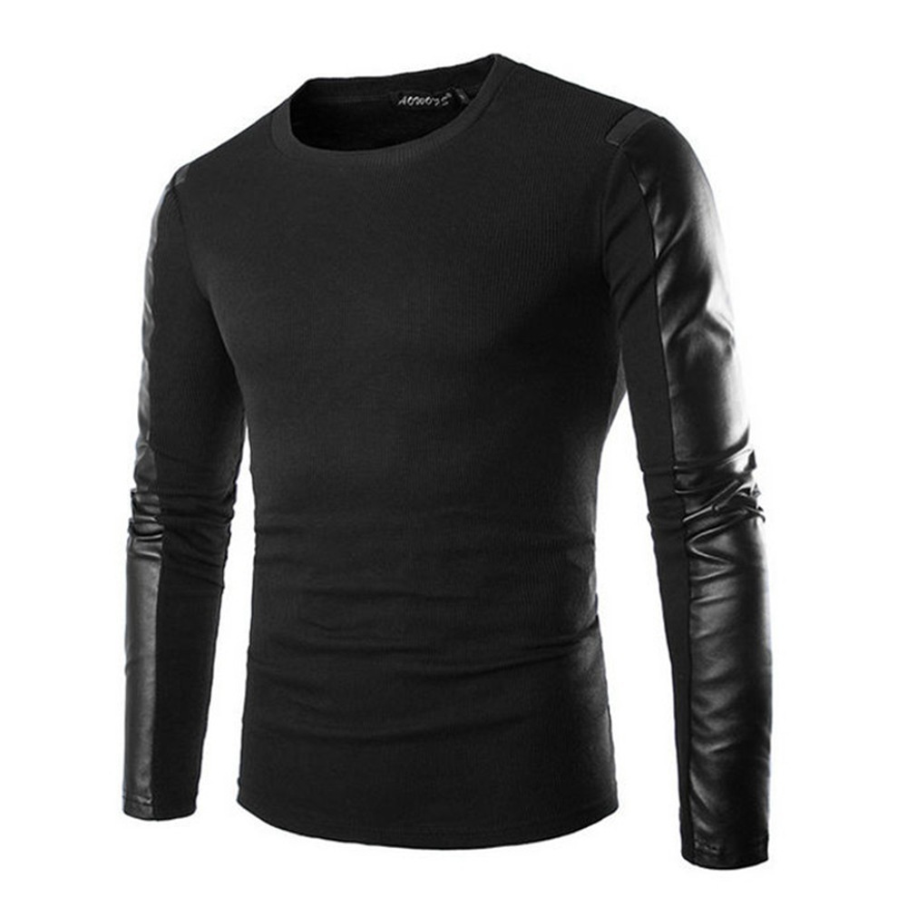 New 2014 Mens Fashion Crew Neck PU Leather Splice Long Sleeve Slim Kintted Top Tee Casual T-shirt Black Size L XL XXL FG1511