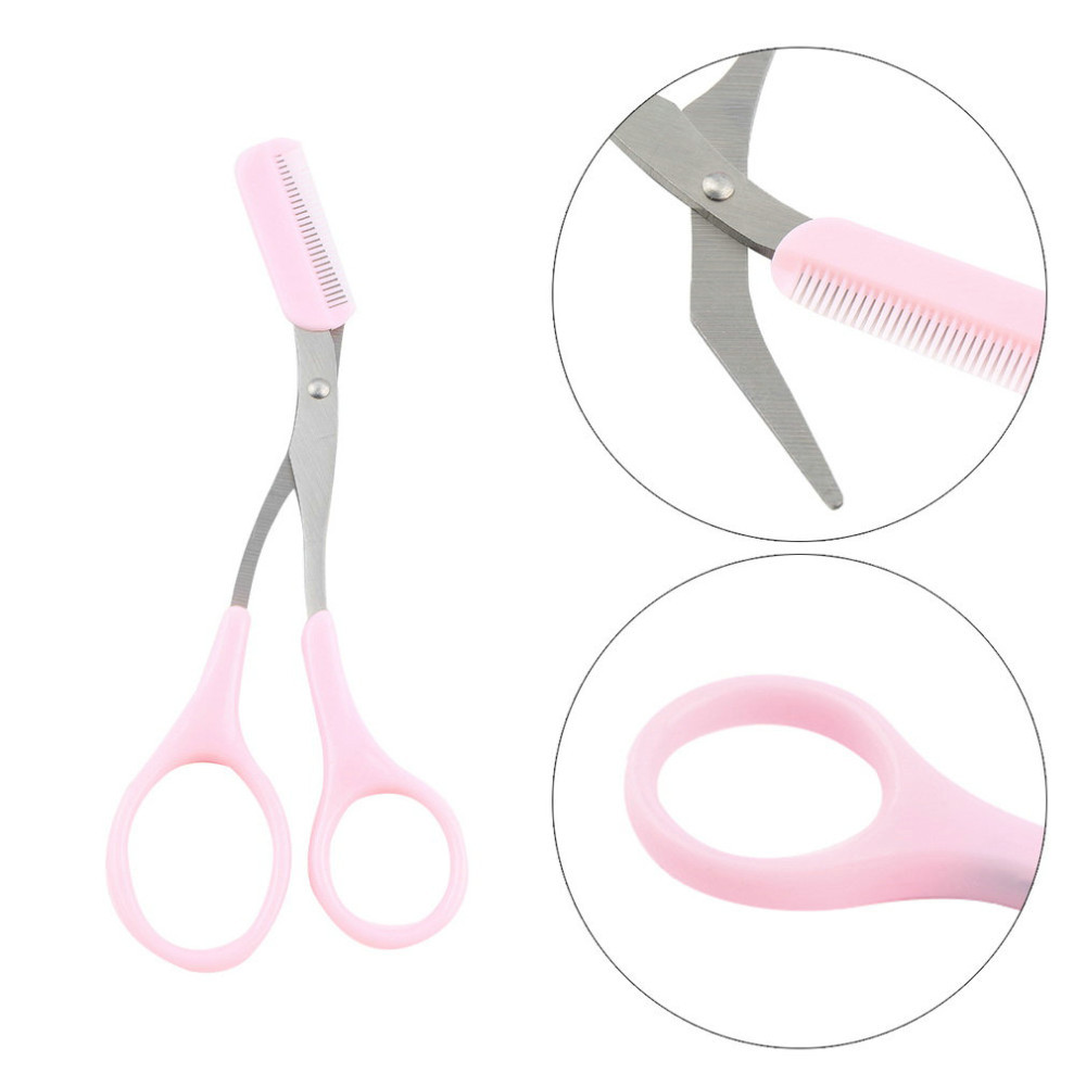 Girl Lady Eyebrow Trimmer Eyelash Thinning Shears Comb Eyelash Hair Clips Scissors Shaping Eyebrow Grooming Cosmetic Tool Pink XB1