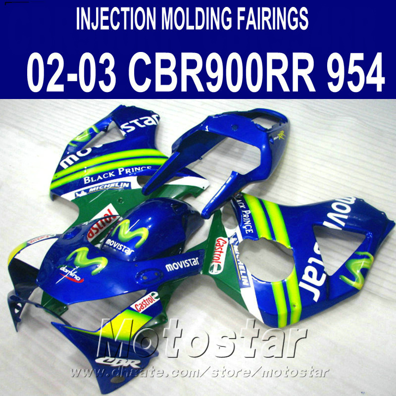 Injection molding for Honda cbr900rr fairings 954 2002 2003 blue movistar CBR900 954RR ABS fairing kit CBR954 02 03 YR4, Same as the picture shows
Injection molding for Honda cbr900rr fairings 954 2002 2003 blue movistar CBR900 954RR ABS fairing kit CBR954 02 03 YR4, Same as the picture shows