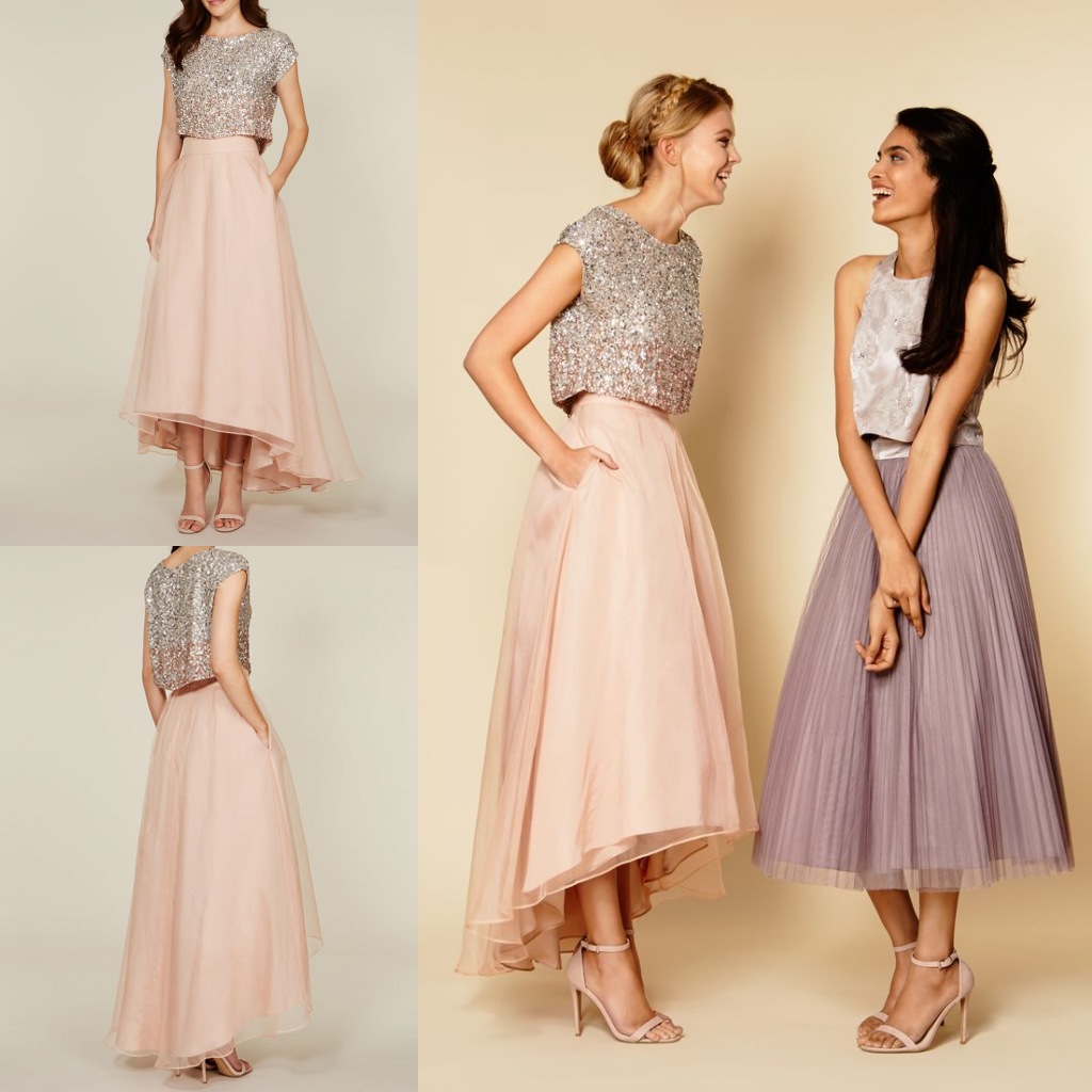 

2019 Tutu Skirt Party Dresses Sparkly Two Pieces Sequins Top Vintage Tea Length Short Prom Dresses High Low Bridesmaid Dresses with Pockets