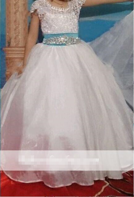 Organza Girl Pageant Dresses Short Sleeves Beads Crystal Blue Sash Vintage Lace Heart Back Princess Flower Girl Dress Girl Party Dress