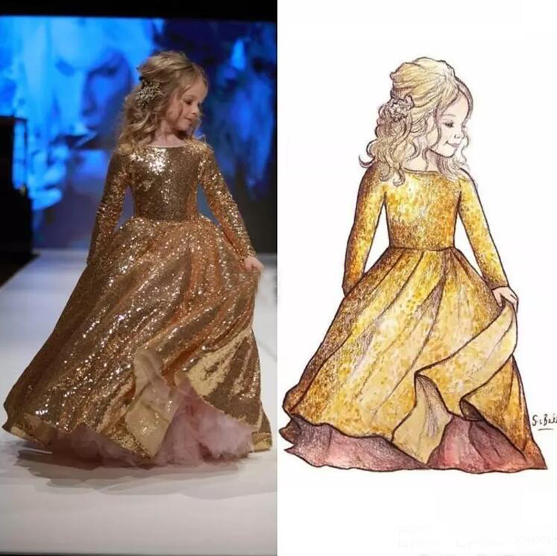 Sparkly 2019 Gold Sequined Ball Gown Flower Girl Dresses with Long Sleeve Kids Pageant Dresses For Wedding Birthday Party Christmas EN112213