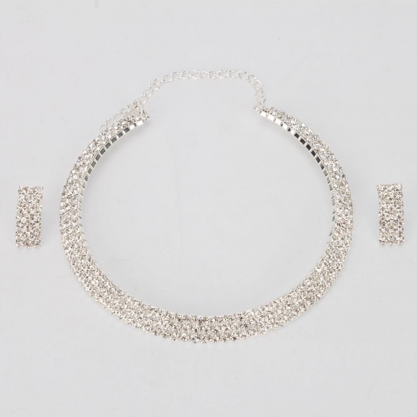 Women Fashion Jewelry Three Triple Rows Rhinestone Bling Bling Silver Necklace Choker Earring Set for Wedding Bridals