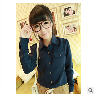 FG1509 2014 autumn new style long sleeve women shirts ,candy color,casual ladies shirts, Turn-down collar ,"2 pockets " free shipping