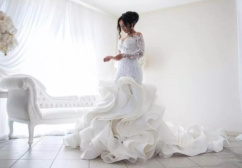 elegant mermaid wedding dress with jewel appliqu sweep train custom long sleeves gown