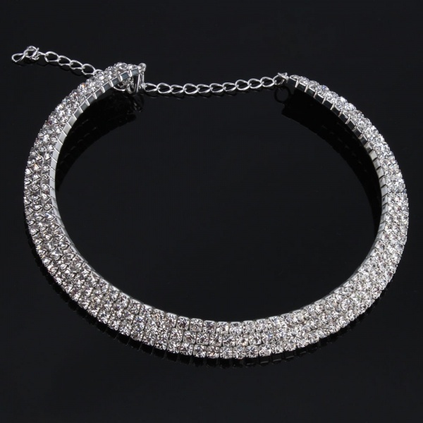 Women Fashion Jewelry Three Triple Rows Rhinestone Bling Bling Silver Necklace Choker Earring Set for Wedding Bridals