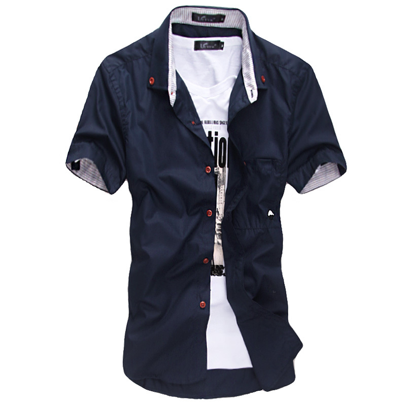 Wholesale-The new summer Style men's shirt style dress embroidered stripes hit color mushroom cultivating short-sleeved The Fashion Design