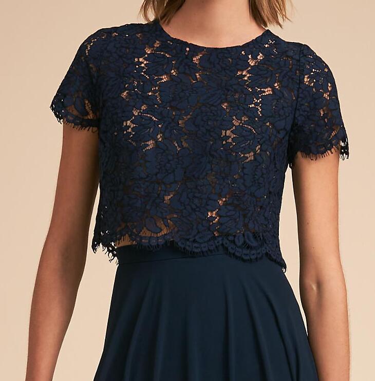 Dark Navy 2 Pieces Bridesmaid Dress Floral Lace Top and Chiffon Skirts Accept Custom made Wedding Party Dresses