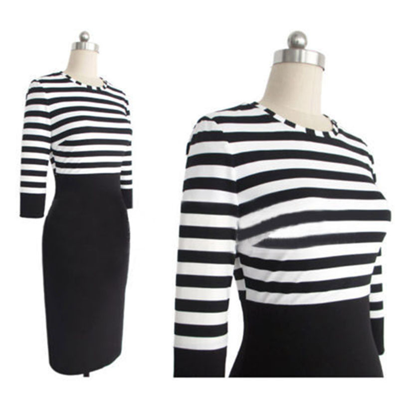 Black And White Striped O Neck Three Quarter Casual Dress Spring Autumn Basic Empire Slim Bodycon Dress Midi Women Work Dress FG1511