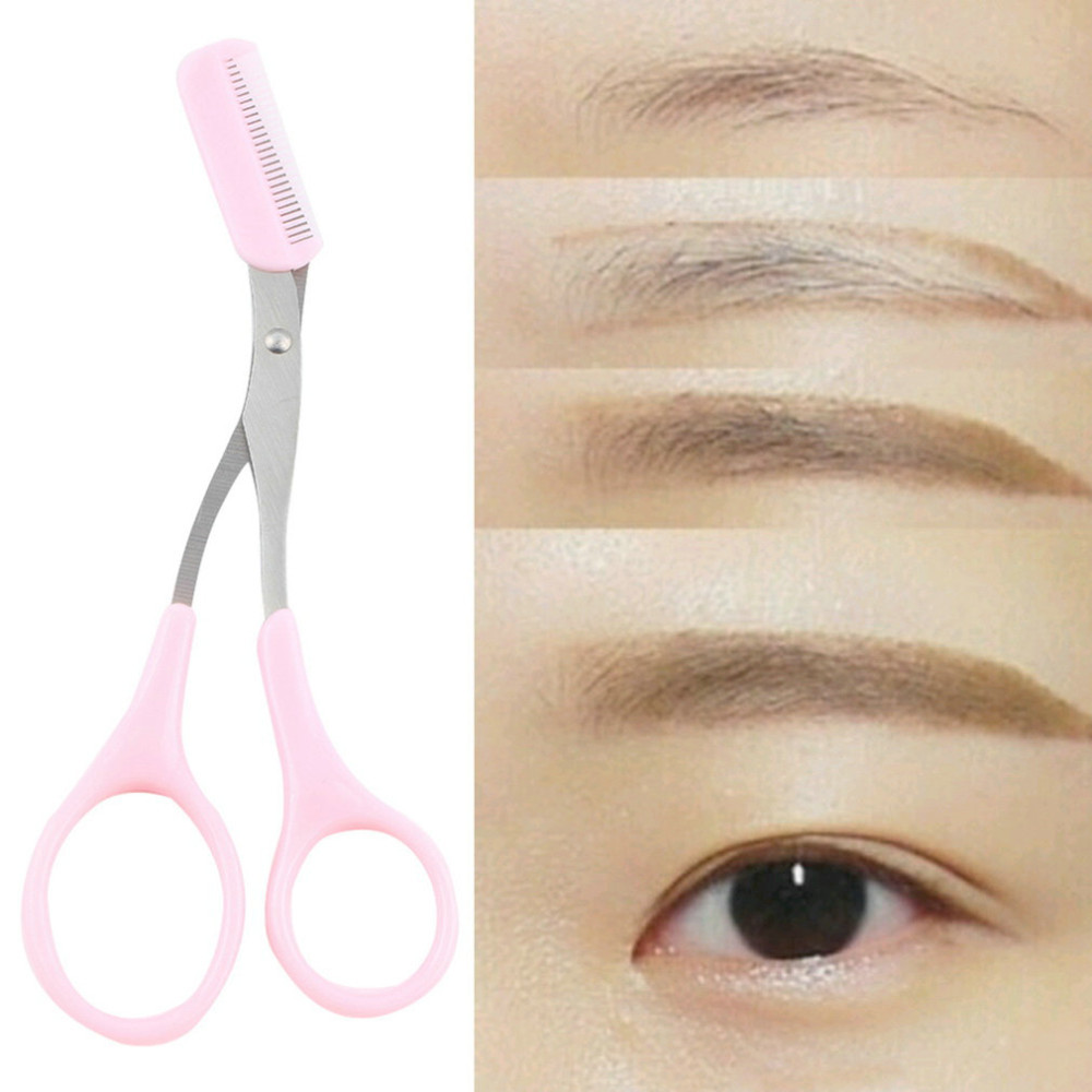 Girl Lady Eyebrow Trimmer Eyelash Thinning Shears Comb Eyelash Hair Clips Scissors Shaping Eyebrow Grooming Cosmetic Tool Pink XB1