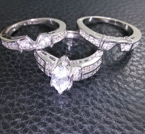 Size 5/6/7/8/9/10 Retro Jewelry 14kt white gold filled topaz Pear cut Simulated Diamond Women Wedding Ring set (3in 1) gift with box