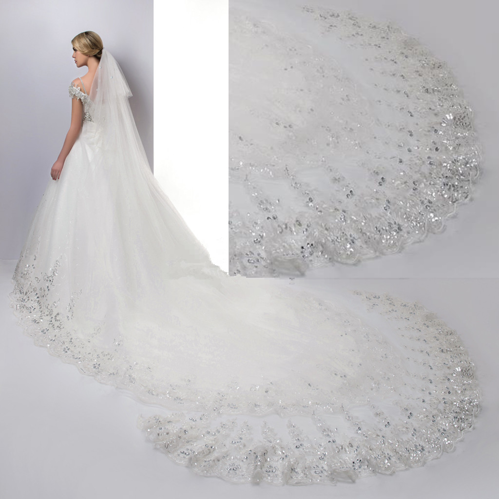 Cathedral Length Lace Appliques Wedding Veils Tulle Long Rhiinestones Sequins white ivory tulle Bride Veil custom made