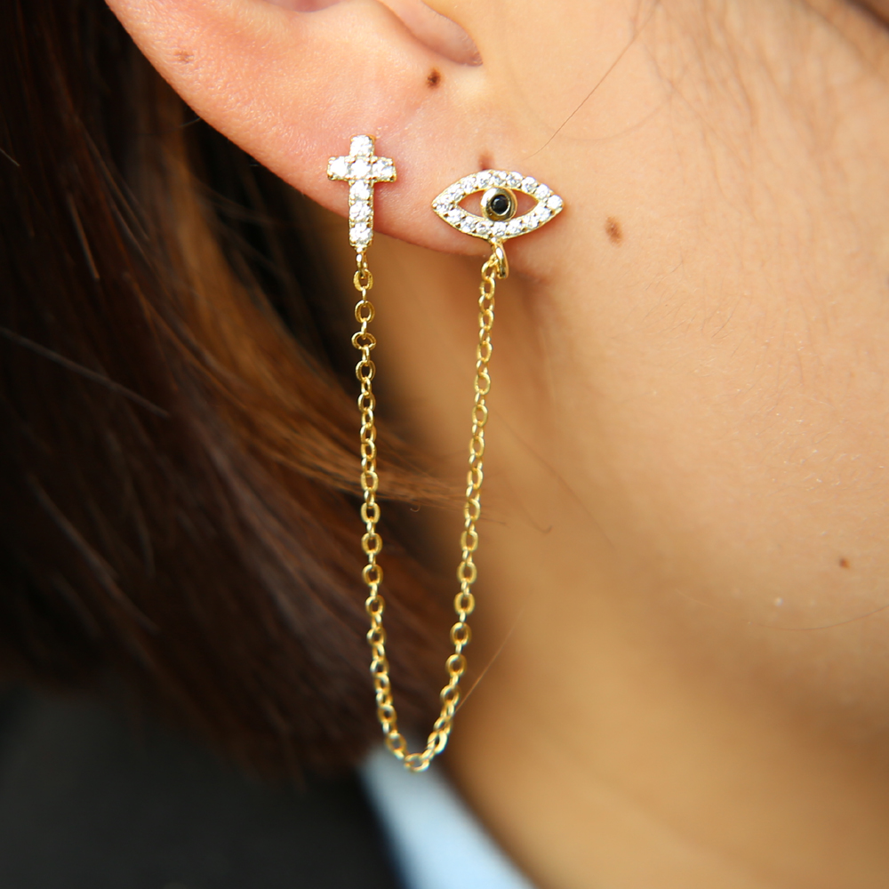 Sterg Sier Double Hole Evil Eye Charm Dangle Earrings