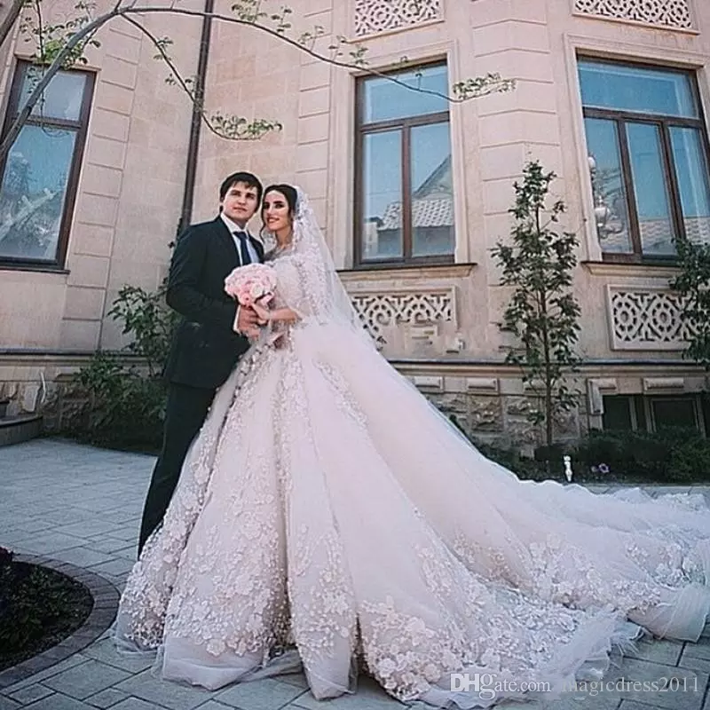 Michael Cinco Castle Church Wedding Dresses A e Off the shoulder with Long Sleeve Modest 3D ral Lace Cathedral Train Bridal Gowns