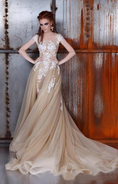 Gothic 2016 Tulle Champagne White Lace Applique A Line Wedding Dresses With Detachable Skirt 2 In 1 Illusion Back Bridal Gown EN12911