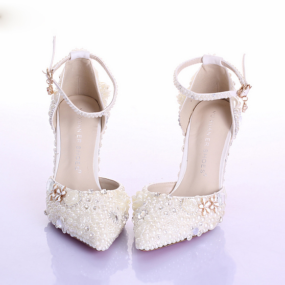 Crystal Beaded Bridal Shoes Pearl Pure Color Pointed Toe Bridal Heels Walking Comfortable High Heel Prom Shoe