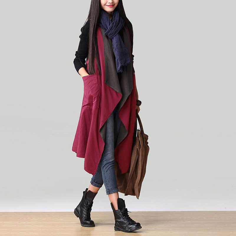 Wholesale-Outerwear 2016 Autumn Women Casual Waterfall Irregular Sleeveless Long Trench Coat Solid Loose Outwear Cardigan Reversible Wear
