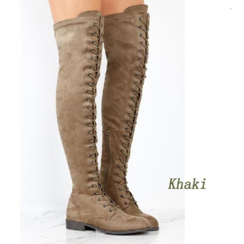 4Colors Women Fashion Boots Low-heels Shoes Shoelace Tie Over-the-knee Long Lace Up Suede Booty Large Size 35-43