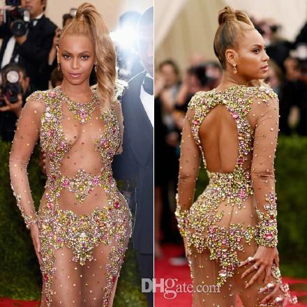 Beyonce Prom Dressess Sexy Red Carpet Dresses Crew Full Sleeve Sheer with Shining Sequins Beads Backless Sweep Train Prom Dress