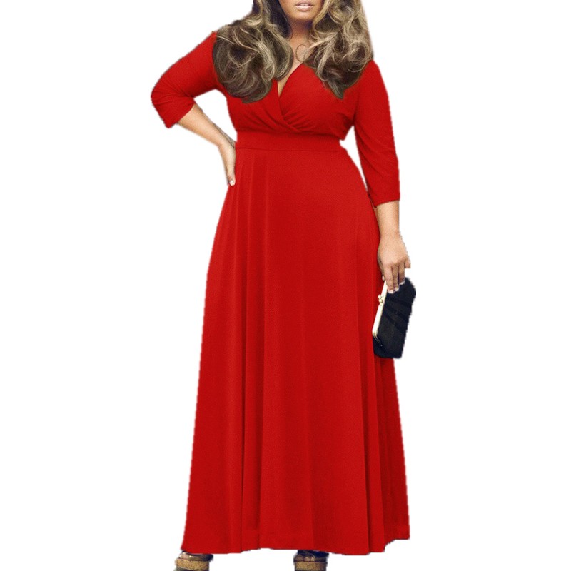 L-6XL New 2015 Zanzea Fashion Elegant Women Dress Spring Autumn 3/4 Sleeve Sexy V-Neck Big Hem Maxi Long Party Dresses Vestidos FG1511