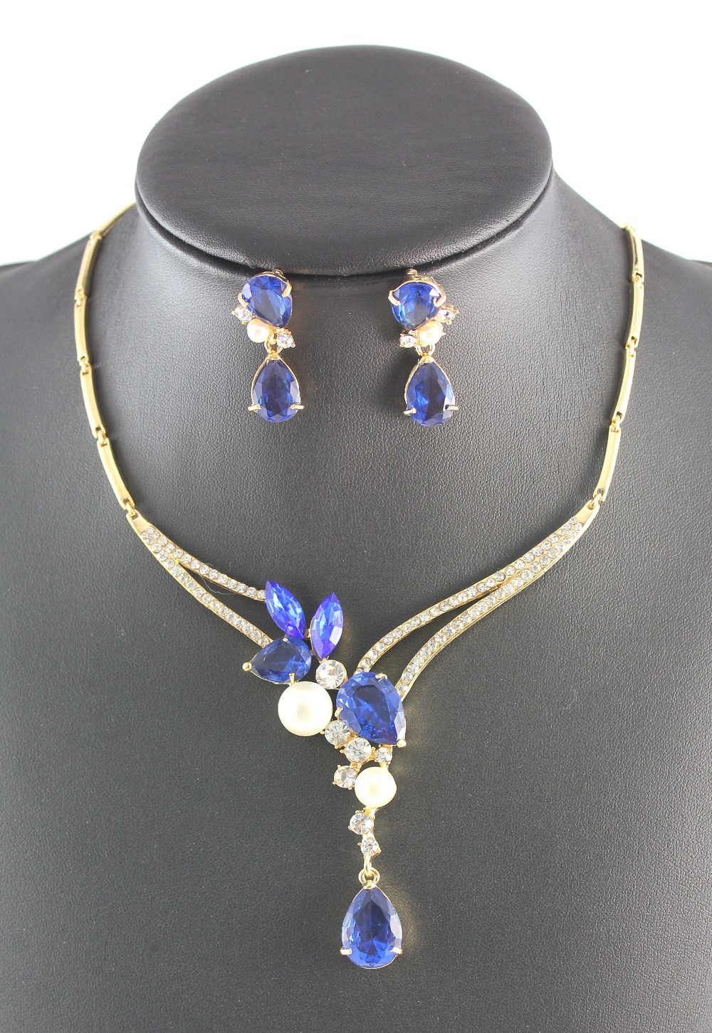 Fashion White Pearl Ruby/Black/Sapphire Garnet Gold Plated Crystal Necklace Earrings Wedding Party Jewelry Set