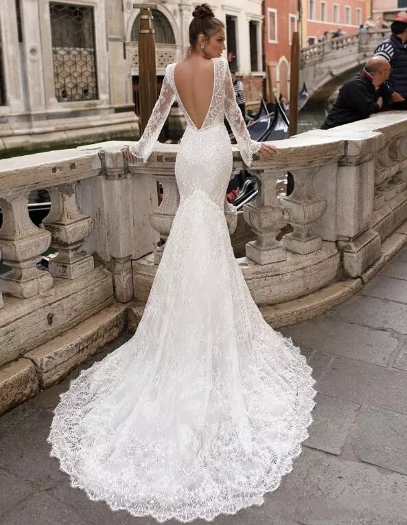Vintage Full Lace Berta Wedding Dress Sexy Backless Mermaid Sheer Long Sleeves Plunging V Neck Custom Made Wedding Gowns