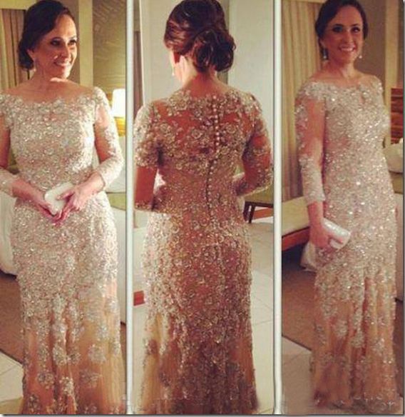Vestidos de Fiesta Gala Pageant Gowns Sheer Crew Neck Long Sleeve Beaded Lace Champagne Plus Size Evening Dresses