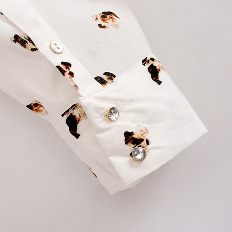 Spring 2014New Fashion Dogs Chiffon Shirt/ Collarless Loose Cusual Animal Printed Long Sleeve Chiffon Blouse For Women,White