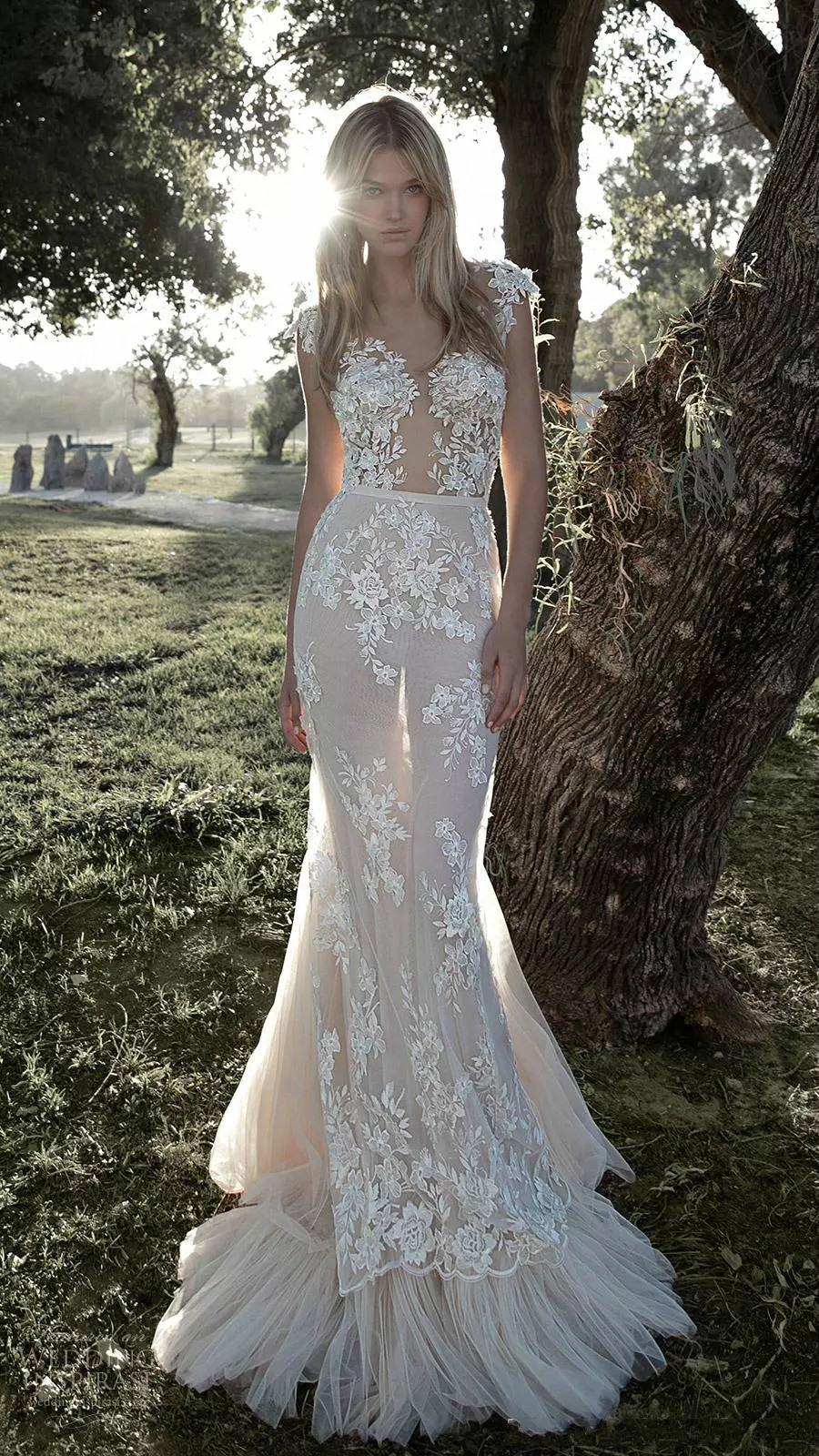 Sexy Berta Lace Wedding Dresses Applique Illusion Bodice Nude Mermaid Wedding Dress Vestidos de Novia Sequins Plus Size Bridal Gown