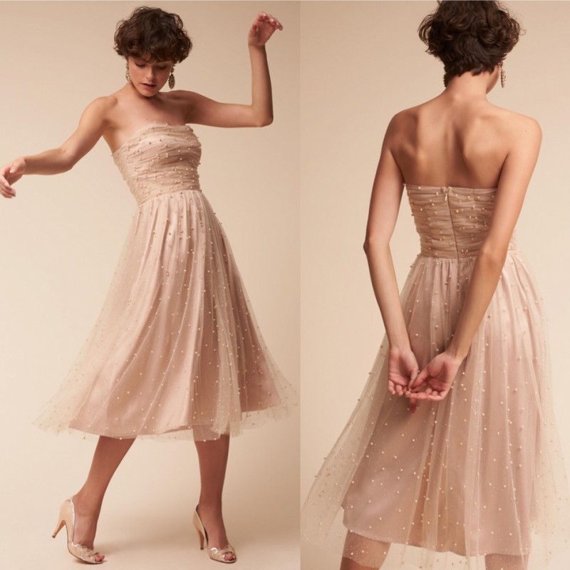Pearls Short Cheap Bridesmaids Dresses Sexy Backless Strapless Necke Maid Of Honor Dress Tulle A E Wedding Formal Gowns