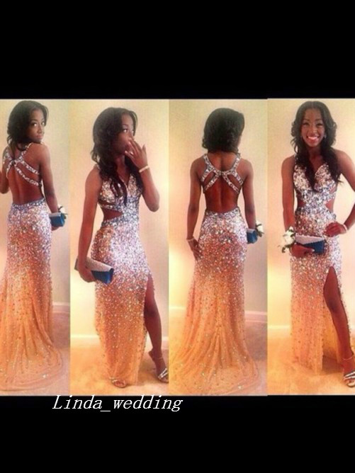 Free Shipping Sexy Shiny Sheath Column Straps Sleeveless Backless Rhinestone Sweep Brush Train Side Slit Long Evening Dresses