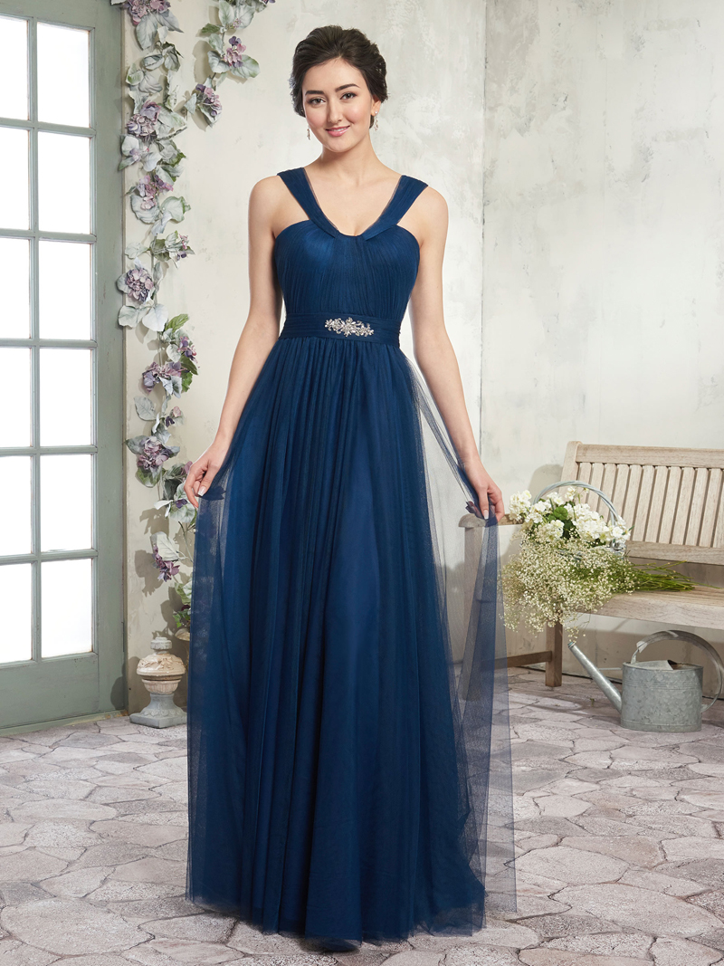 Dark Navy Bridesmaid Dresses Long Tulle Wedding Party Dresses front and back V-straps, ruched bodice, pleated natural waist line with peplum
Dark Navy Bridesmaid Dresses Long Tulle Wedding Party Dresses front and back V-straps, ruched bodice, pleated natural waist line with peplum