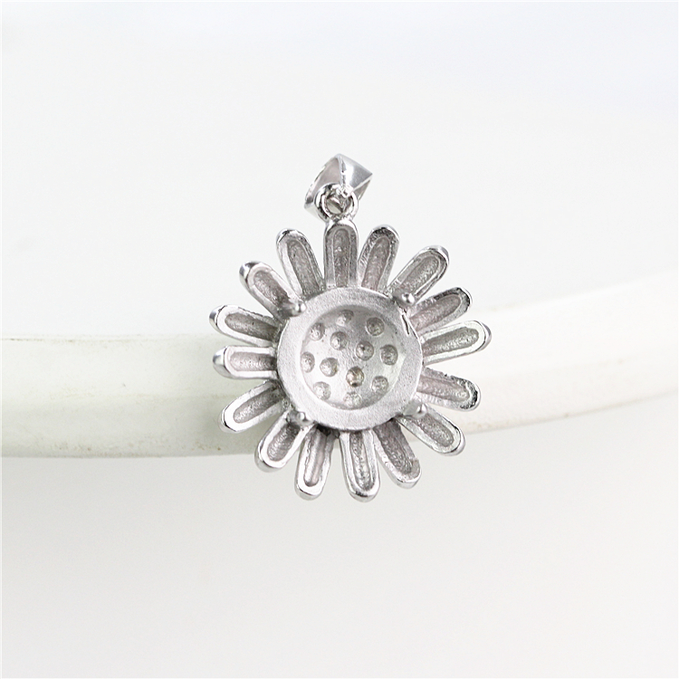 Sterling Silver 925 Flower Trendy Women Semi Mount Pendant Gold Plated 8mm Round Cabochon Amber Agate Setting fit Pandora Style Necklace