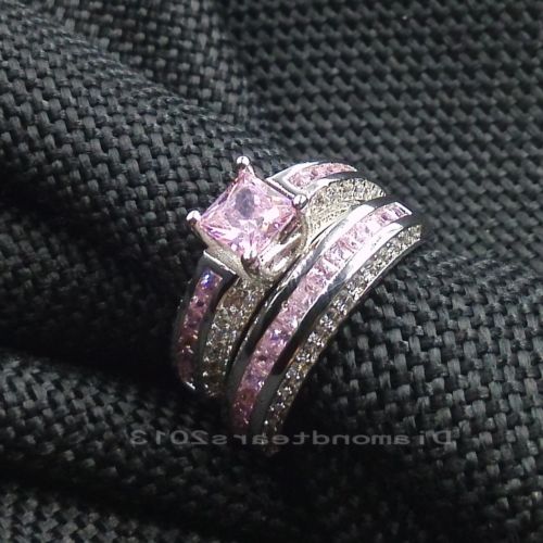 10K White Gold Filled Pink Sapphire Princess Cut Wedding Ring Set for Women