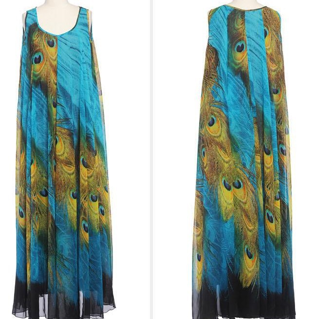 Fashion 2015 Summer New Long Section Chiffon Sleeveless Large Swing Peacock Print Dress Plus Size Bohemian Beach Dress Vestidos FG1511