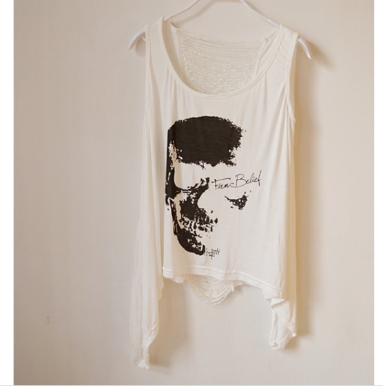 New 2014 Hot Irregular Hollow Tassel Skull Printed Women Tank Tops,Casual Women Pullovers,Summer Women Clothing